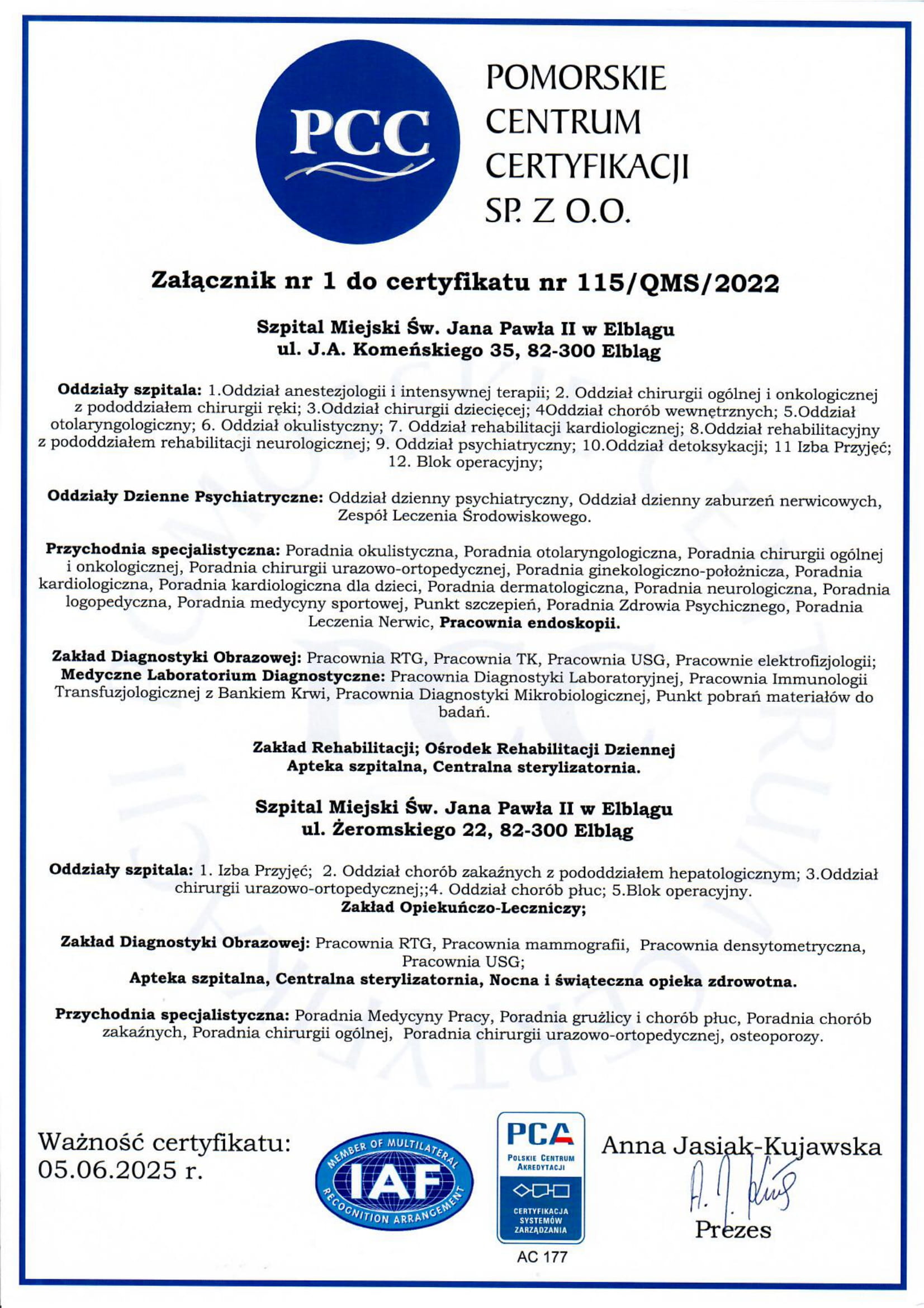 załącznik do certyfikatu QEMS 2022 1